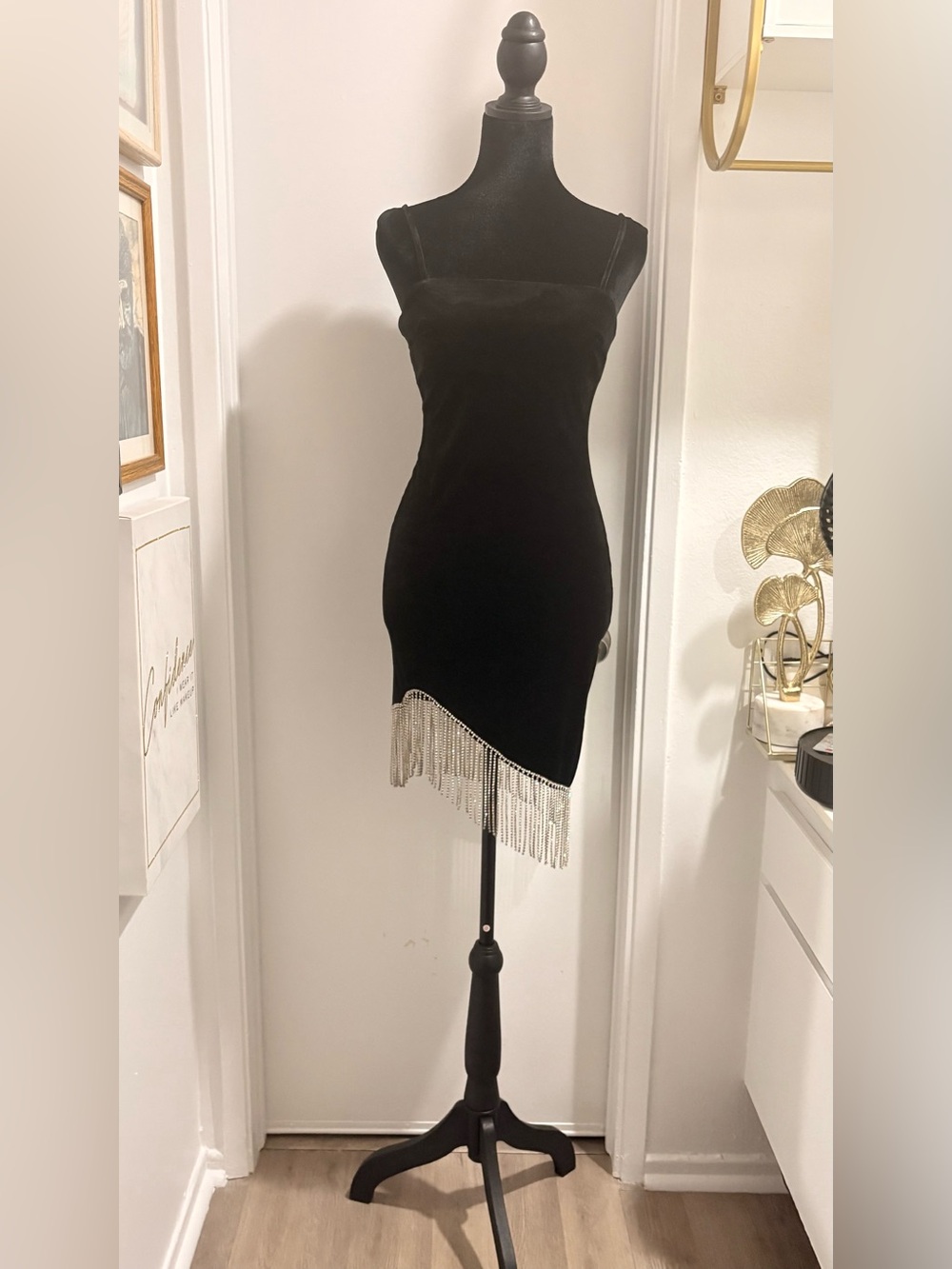 Forever 21 Black Velvet Slip Dress with Silver Fringe